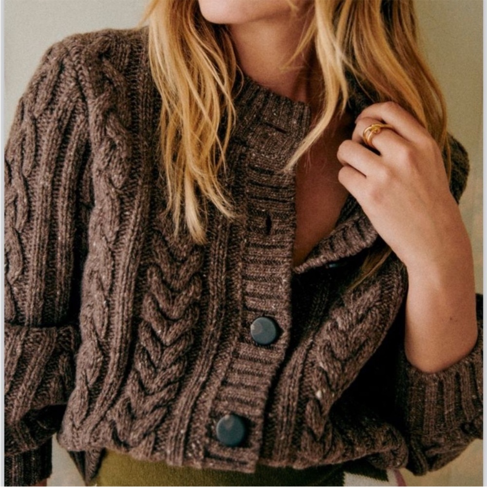 Sezane Andina Brown Wool Cable Knit Cardigan